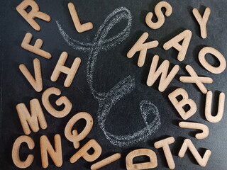 English alphabet letter text collection on black board.