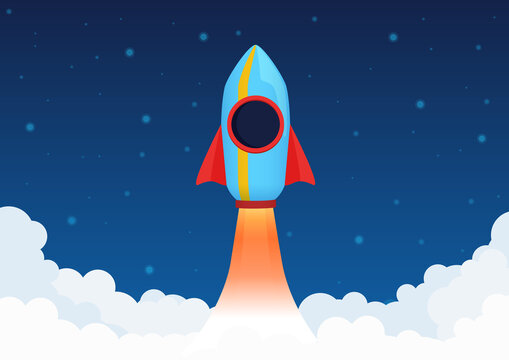 Rocket launch, space ship vector illustration concept of business product on a market. New investments, crypto currency hype vector illustration