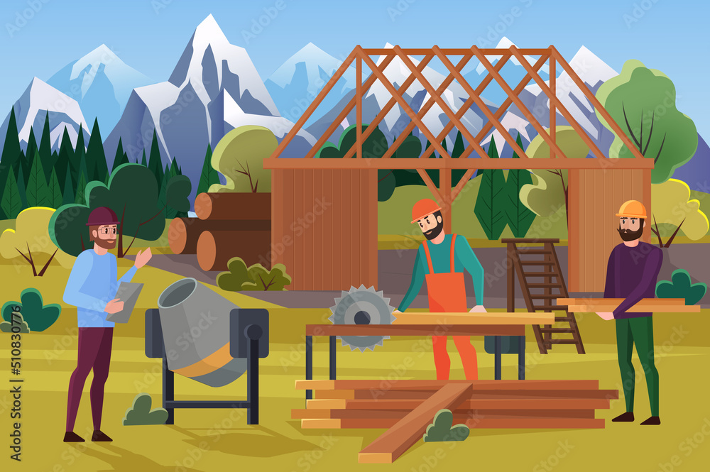 Poster workers build wooden residential house in forest. cartoon team of contractors in uniform and enginee