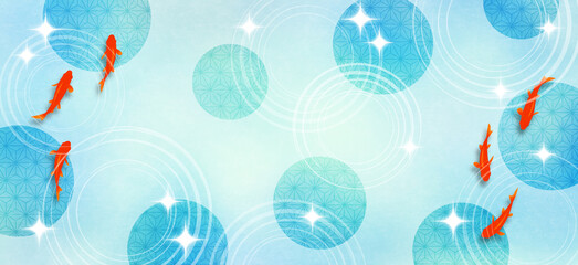 暑中見舞い背景、きらめく波紋と金魚あり