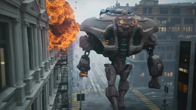 Alien Robot Invader walking through a burning and smoky city. Apocalyptic atmosphere of robot invasion. The concept of invasion. Animation perfect for apocalyptic, technological, sci-fi backgrounds.
