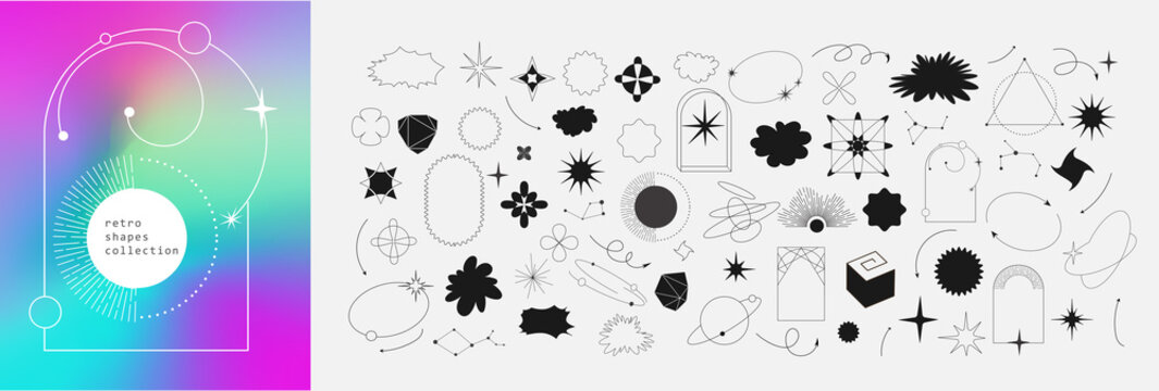 Trendy geometric design elements. Simple shapes forms and frames inspired brutalism, abstract bauhaus and boho cosmic style. Universal star and flower shape, basic form