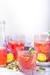 Fototapeta na wymiar Refreshing homemade pink rhubarb lemonade. Cold summer drink raw rhubarb, lime slices and mint, copy space