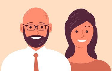 Obraz premium Happy man and woman. Business people. Successful team. Young couple portrait. On the face of a smile. Flat vector isolated illustration