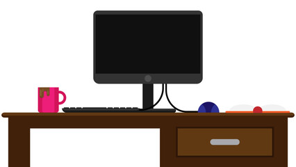 Home office desk with computer set, coffee and open book. Flat vector illustration.