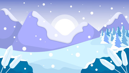 Snowfall scene with mountains, pine trees and setting sun. Winter nature landscape vector illustration