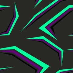green purple Abstract seamless chaotic pattern with lightning, checkers square taxi, line shape. Black background for a boy. Creative modern wallpaper in bright neon colors. Seamless pattern for sport