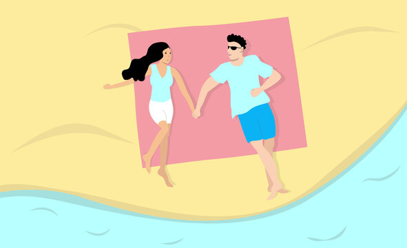 Young couple man and woman lying at the beach and holding their hands. Romantic scene illustration. 