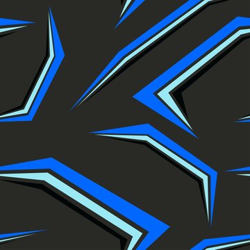 blue Abstract seamless chaotic pattern with lightning, checkers square taxi, line shape. Black background for a boy. Creative modern wallpaper in bright neon colors. Seamless pattern for sportswear