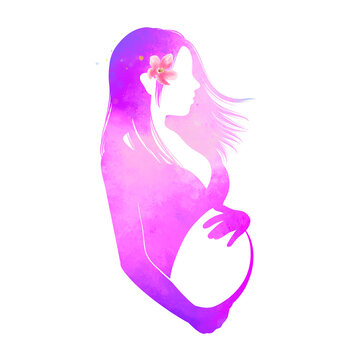 Watercolor of pregnant woman. Happy mother's day. Mother and baby health. Digital art painting with clipping path.