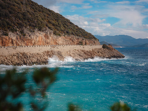 nobody on Seyrek CakIl beach , Mediterranean coast Sea, Kas, Turkey. Lycia coast on winter day during vacation