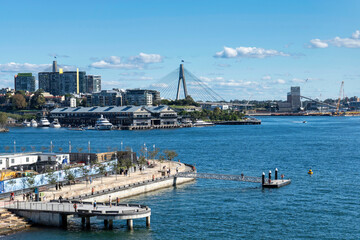 View of the harbor with Anzac Bridge in the background. Sydney, Australia.