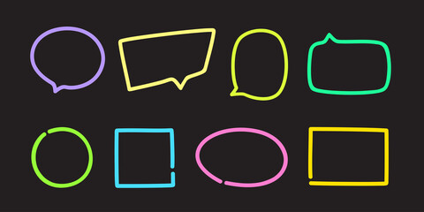 Hand drawn fluorescent speech bubbles. Abstract neon elements on isolated black background. Glowing geometric shapes