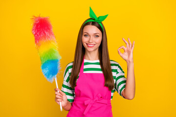 Portrait of positive pretty person hold duster arm fingers demonstrate okey symbol isolated on yellow color background