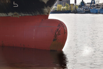 Russia, Saint Petersburg, June 2022: Bow bulba of the vessel