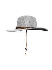 Cowboy style straw hat with rope hanging isolated on white background.
