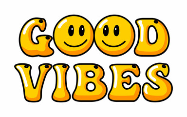 Melting smile vintage illustration. Retro psychedelic melt smile face logo. Dripping smile. Good mood. Positive emoji sticker. Vector groovy emoji face.