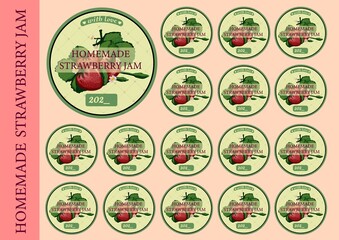 STICKERS ON JARS WITH HOMEMADE JAM. BERRY JAM.Strawberry.Labels for canning. Vintage kitchen sticker