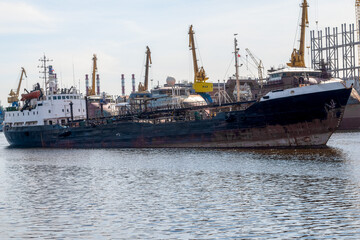 Russia, St. Petersburg, May 2022: Ship in cargo port