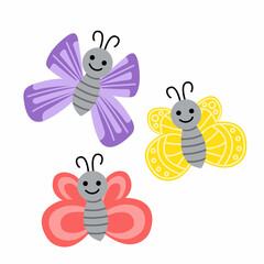 Fototapeta na wymiar Butterfly set. Colorful bright jolly smiling butterflies. Flat, cartoon, isolated