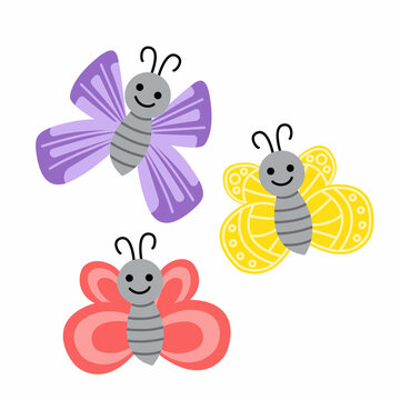Butterfly set. Colorful bright jolly smiling butterflies. Flat, cartoon, isolated