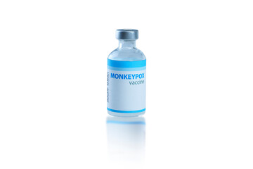 Monkeypox vaccine bottled medicine floating on white background with clipping path