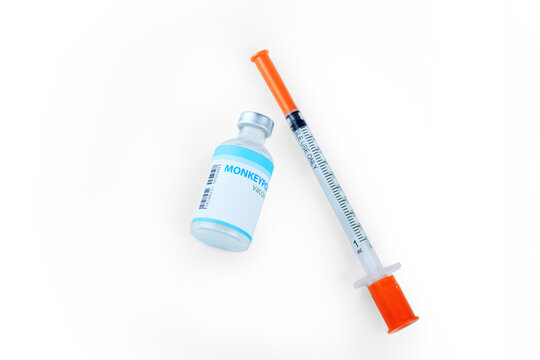 Monkeypox vaccine bottled medicine floating on white background with clipping path