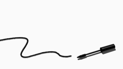 Mascara brush drawing a curve line on white background. Make up products. Copy space. Banner.