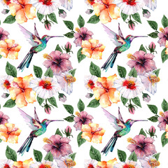 Seamless tropical pattern hummingbird bird, bouquets of hibiscus flowers buds, green leaves. Hand drawn watercolor illustration isolated on white background for textile, fabric, print, wallpaper.