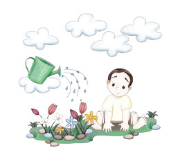 A cute little cartoon boy in a light summer suit sits on the grass. There are clouds over him. The boy watches the rain waters the flowers. Digital illustration in watercolor style