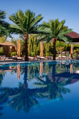 Fototapeta premium Hotel pool with sunbeds and palm trees at a tropical resort. Swimming pool at the luxury tropical resort