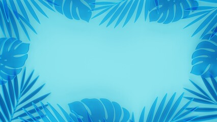 Fototapeta na wymiar Palm leaves on a blue background. 3d figures in the style of glassmorphism. For advertising and first screen. Ultra HD. 3d render. 3d illustration.