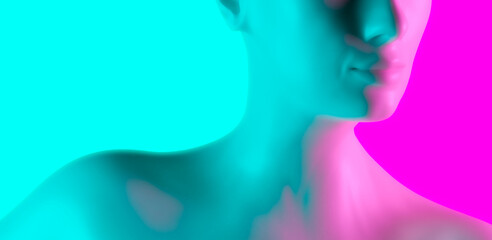 Woman little smile in virtual reality - close up of 3d generated young female on pink and blue color background - 510846919