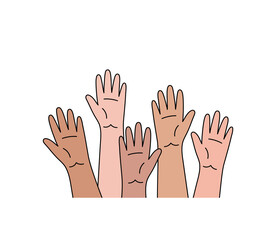 Raised up hands, multi-colored palms of people different nationalities and rases.Citizens vote, express opinion, support choice.Volunteer aid movement. Flat,minimalism.Isolated.Vector illustration