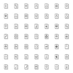 Document, office, contract and agreement concept. Monochrome vector sign drawn in flat style. Line icon set with vector signs on clipboard
