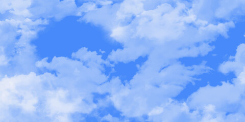 Blue skies with white clouds background. Romantic sky. Abstract nature background of romantic summer blue sky with fluffy clouds. Beautiful puffy clouds in bright blue sky in day sunlight.><