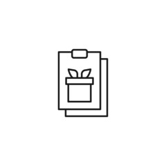Document, office, contract and agreement concept. Monochrome vector sign drawn in flat style. Vector line icon of giftbox on clipboard