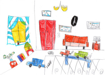 Children drawing of the interior of the house and cars