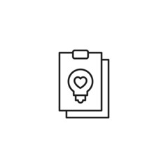 Document, office, contract and agreement concept. Monochrome vector sign drawn in flat style. Vector line icon of heart inside of light bulb on clipboard