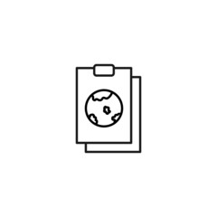 Document, office, contract and agreement concept. Monochrome vector sign drawn in flat style. Vector line icon of earth planet on clipboard