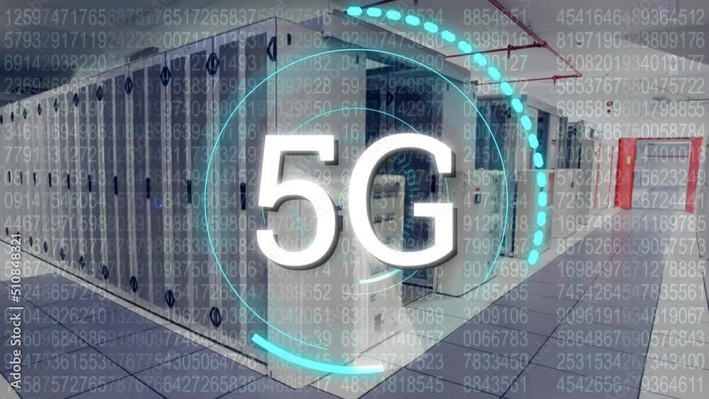 Poster animation of data processing and 5g text over server room