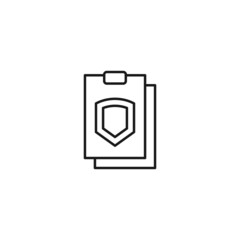 Document, office, contract and agreement concept. Monochrome vector sign drawn in flat style. Vector line icon of armor or shield on clipboard