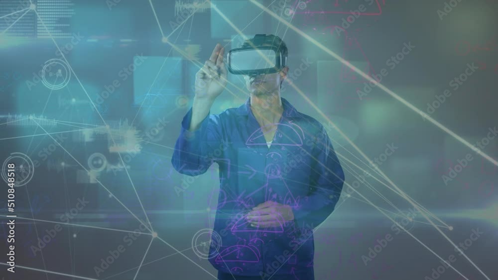 Poster animation of data processing over caucasian men using vr headset