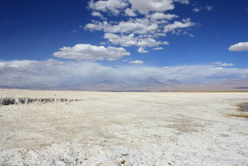 Salt flat at Salar de Atacama in Chile with Licancabur volcano background