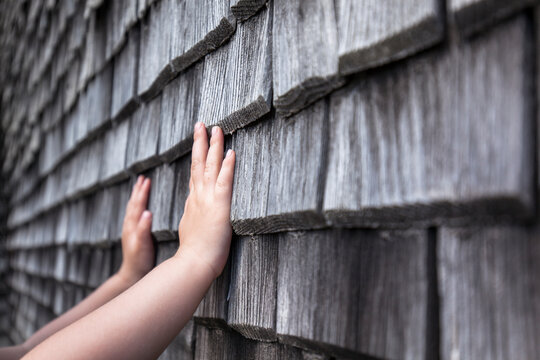Junge Hand auf alten Holzschindel. Kind f&uuml;hlt raue Oberfl&auml;che. Jung und Alt. Young hand on old wooden shingle. Child feels rough surface. Young and old.