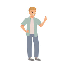 Fototapeta na wymiar Man Character in Casual Jeans and Shirt Standing and Waving Hand for Greeting Vector Illustration