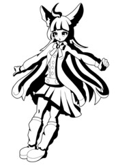 Cute girl with big cat ears drawn in manga style. She has long hair, shirt and skirt, bow. On the feet are stockings and boots. Outline drawing with shadows.