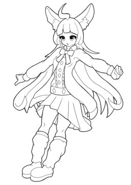 Cute girl with big cat ears drawn in manga style. She has long hair, shirt and skirt, bow. On the feet are stockings and boots. outline drawing
