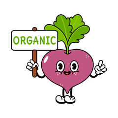 Cute funny radish with an inscription organic character. Vector hand drawn traditional cartoon vintage, retro, kawaii character illustration icon. Isolated white background. Radish character