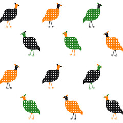 A simple pattern on a white background of stylised orange, green and black guinea fowls turned in different directions